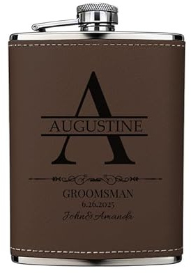Personalisierte Hipflasche für Männer, Trauzeugen Geschenk mit Initialen für Hochzeit, 240 ml Leder Gravur Trinkflasche Flachmänner für Weihnachten Geburtstagsgeschenk, Kaffee
