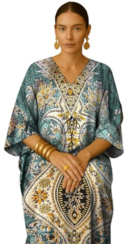 PMOYO Women Kaftan Tunic Long Caftan, Bohemian Design Maxi Dress Kimono Style, V-Neck Drawstring Waist Party Dress, Loungewear, Holidays Nightwear, Beach Cover Up Free Size (Green)