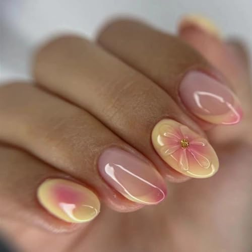 24 Pcs 3D Yellow Flower Design Press on Nails Short Acrylic Nails for Women Girls - Stick on Nägel Glanz Kleben Nägel with 3D Design Nägel zum Aufkleben