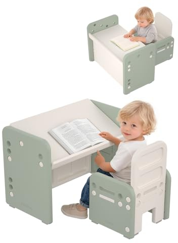 Hominewti Table Enfant avec Chaise, Ensemble Table et Chaises pour Enfants Réglables en Hauteur, Bureau Convertible, Multifonctions pour Lire, Écrire, Dessiner et Manger, Vert