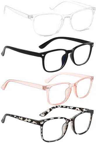 QhgPnt 4 Pack Kids Blue Light Glasses, Fashion Glasses for Boys and Girls, Screen Protection for Online Classes and Gaming, Black Clear Pink White Frames