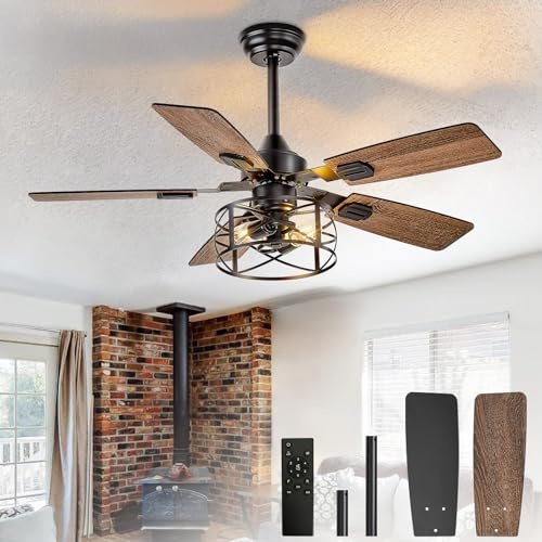 Depuley Ventilateurs de plafond 42 pouces avec éclairage: Ventilateurs de plafond à cage avec double finition et cinq pales - Ventilateur de plafond rustique avec télécommande pour maison de campagne