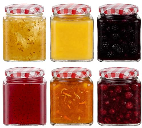 Danmu Art 6Pack Glass Jam Jars with Red Gingham Lid-Airtight 380ml/12.5oz Jars with Lid for Homemade Jam,Marmalade, Preserves, Chutneys, Pickle,Ketchups,and Kimchi Honey, Coffee & Bulk Foods(Empty)