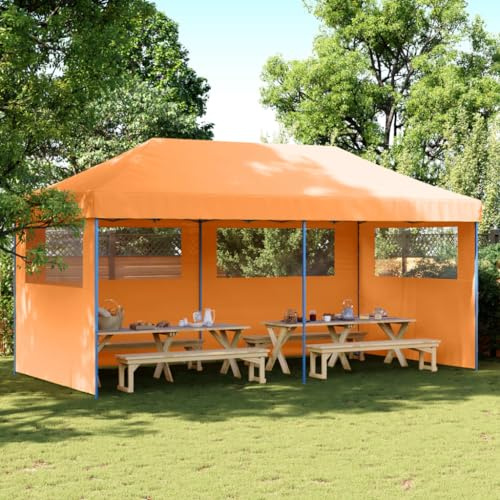 Tente de Réception Pliable, Chapiteau d'Extérieur avec 3 Panneaux Latéraux, Toit en Tissu Oxford Résistant, Structure Acier Thermolaqué, Événements Extérieurs, Orange et Bleu, 580 x 292 x 315 cm
