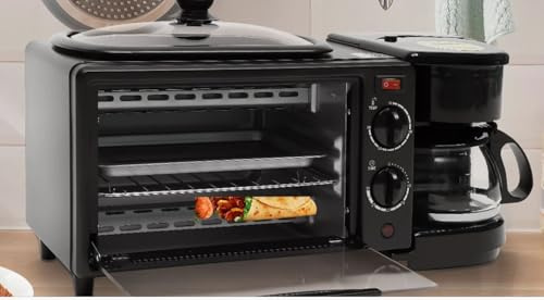 Sikurit Fornetto elettrico per Colazione 3-in-1, Fornello con Padella Antiaderente, Forno Multifunzione 5L e Caffettiera, 230°C, Nero