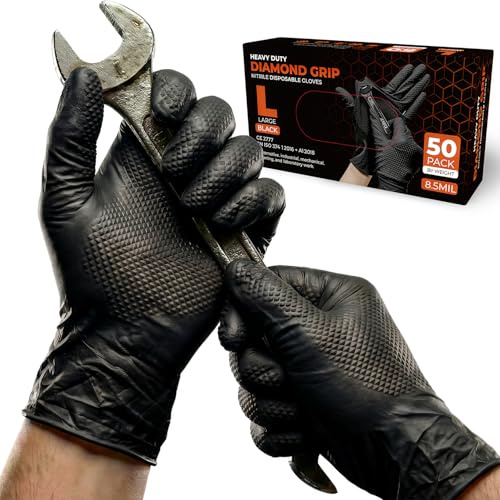 500 Stück, Einweghandschuhe L, Diamant Grip - Schwarz Einmalhandschuhe, Puderfrei & Latexfrei, Extra Dicke und Starke Nitrilhandschuhe, Mechaniker Handschuhee für Werkstatt, Kfz & Industrie