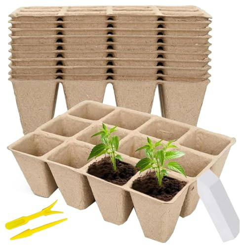 pobuu 120 Cells Seed Starter Tray,10 Pack Biodegradable Seedling Pots Germination Trays,Plant Starter Kit with 50 Labels, 2 Transplant Tools for Vegetable Flower Herb Seeds Garden Planting