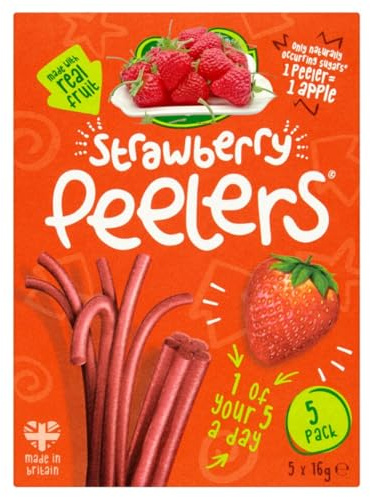 Peelers Strawberry Fruit Snacks, Natural Sweet Treats, Made in Britain, 5 Pack x 10g Real Fruit Healthy Snack Box, Chewy Pastilles