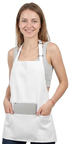 Livdouyu 2 Stück Schürze Kochschürze Damen Herren Verstellbare Küchenschürze mit 3 Taschen Männer Kittelschürze Grillschürze Weiß Koch Schürze zum Kochen, Malen, Backen, Hausarbeiten