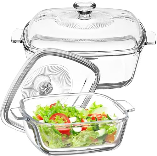 Lot de 2 Plats à Four Carrés en Verre avec Couvercles, 0,8 L/1,5 L