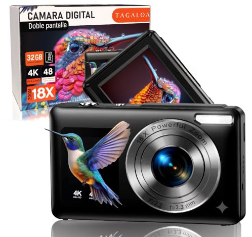 | TAGALOA®| Cámara Digital 48MP con Doble Pantalla, Zoom Digital 18X, Tarjeta SD 32GB Incluida y Bolsa de Transporte – Cámara de Fotos Infantil Retro