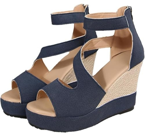 GHTRHSB Sandalias de tacón alto con plataforma de cuña para mujer, sandalias de verano con puntera abierta, soporte de arco, zapatos de plataforma cómodos con cremallera trasera