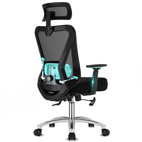 Durrafy Bürostuhl, Bürostuhl Ergonomisch mit Lendenstütze Verstellbarer Kopfstütze und Armlehnen, 4-stufige Neigungsverriegelung, Höhenverstellbar Schreibtischstuhl bis 150kg Schwarz, Arbeitsstuhl