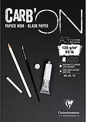 Clairefontaine 975040C Zeichenblock Carb´On (120 g, ideal für Trockentechniken, DIN A3, 29,7 x 42 cm, geleimt, 20 Blatt) schwarz