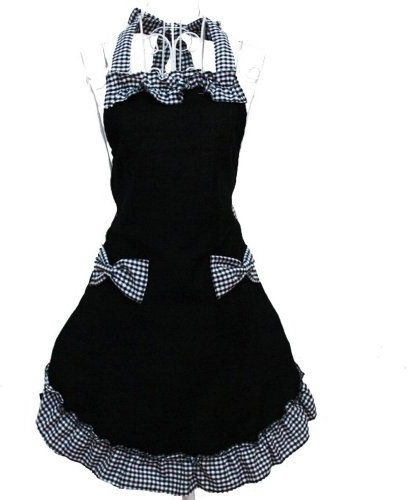 HANERDUN Kochschürze Frauen Damen Schürze Küchenschürze Schwarz Verstellbar Petticoat mit zwei Taschen Bowknot Schleife für Kochen Backen Grillen Geschenk Idee