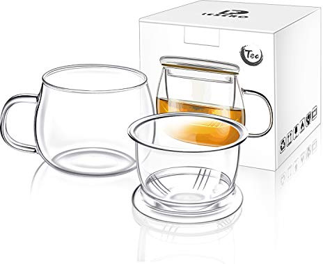 Lezero 13oz Tea Infuser Cups Kits, Glass Mugs with Filter Basket and Lid for Loose leaf-Tea Brewing, Heat Resistant, Lead-free, Microwave & Dishwasher Safe