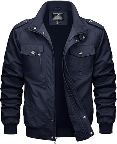 MAGCOMSEN Herren Cargojacke Outdoor Frühling Jacke Leicht Übergangsjacke Herren Freizeit Windjacke Tactical Military Jacke mit Stehkragen Dunkelblau L