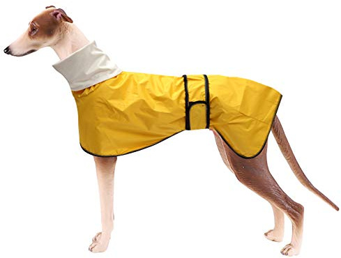 MOREZI Hunderegenmantel mit Stehkragen, Wasser- und Winddicht, mit reflektierenden Streifen und Verstellbarer magischer Schnalle, geeignet für Windhunde und Whippets-Gelb-S