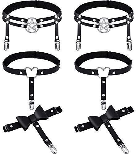 Syhood 6 Pieces Thigh High Garter Belt Heart Star Shaped Butterfly Knot Punk Leg Garter with Anti Slip Clips Elastic Punk Gothic Adjustable Thigh Ring for Women