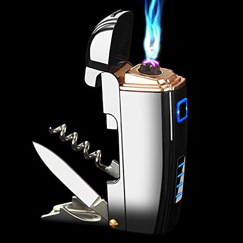 Foern Encendedor Eléctrico Multifuncional 4 en 1 con Abrebotellas, Encendedore USB Recargables con Indicador de Batería, Encendedor de Velas a Prueba de Viento, Regalo para Padre Esposo,Black