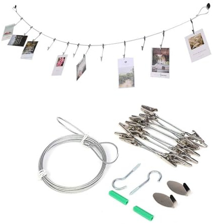 Wall Hanging Photo Display, 61.3inch Steel Wall Hanging Photo Display Cable Wire Rod with 12 Adjustable Alligatory Photo Clips for Hanging Photos Notes Postcard and Artworks