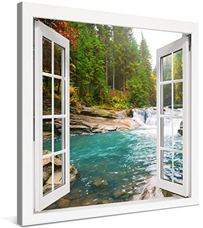 PICANOVA – Bosque Río Cascada Ventana 80x80cm – Cuadro sobre Lienzo – Imagen Impresión Montado sobre Marco De Madera – Cuadro Decoración Moderno para Salón o Dormitorio – Colección Bosque
