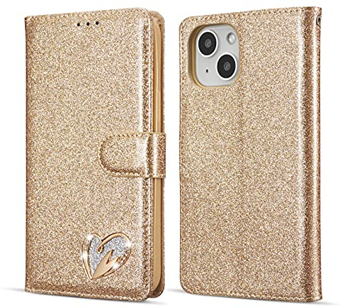 QLTYPRI Wallet Case for iPhone 14, Glitter PU Leather Case TPU Bumper Card Holder Kickstand Wrist Strap Inlaid Heart Diamond Flip Folio Cover for iPhone 14 - Gold