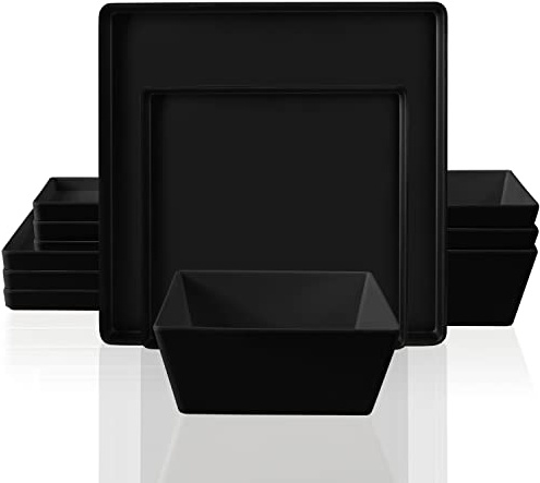 forlent 12 Piece Square Melamine Dinnerware Sets for 4 - Plastic Matte Black Plates and Bowls Sets Best for Indoor Outdoor Grill Holiday Party Camping BPA-Free Dishwasher Safe