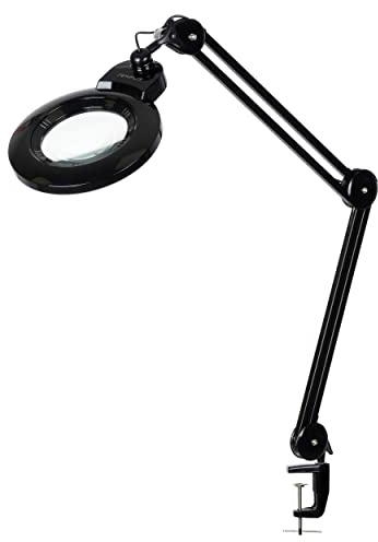 SEMPLIX LED Lupen-Tischleuchte Tischklemme und Höhenverstellbarem Schwenkarm (60 LEDs, Linse 127mm, 4fach dimmbar) (schwarz)