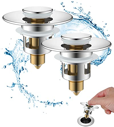 Hibbent 2 PCS Waschbeckenstöpsel (25-46mm),Abflusssieb Ablaufgarnitur Stöpsel Waschbecken, Messing Bounce Core Push-Type Drain Plug, Universal Sink Stopper Ersatz für Bad und Küche,Chrom