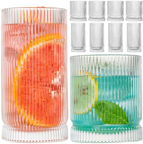 wookgreat Drinking Glasses, Set of 8 Origami Style Glass Cups-4 Highball Glasses 15oz & 4 Rocks Glasses 12oz, Mojito Cups, Cocktail Glass, Elegant Ripple Vintage Glassware for Cocktail, Beer, Whiskey