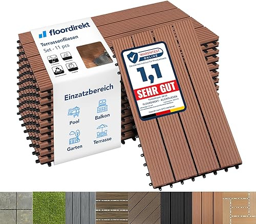 Floordirekt WPC Fliesen 60x30 cm, 2m² = 11 Terrassenfliesen, Klickfliesen, Balkonfliesen in Holzoptik - Bodenbelag für Balkon & Terrasse - wetterfest mit Drainagefunktion | Hellbraun | Royal