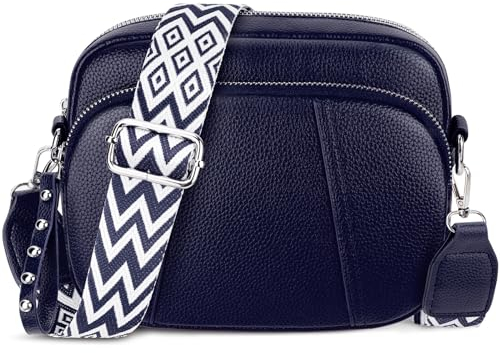 JUYANO Umhängetasche Damen, Handtasche Damen Mittelgroß Leder mit Breitem Gurt Moderne Crossbody Bag mit 3 Reißverschlussfächern und 1 Verstellbar Abnehmbar Schultergurt