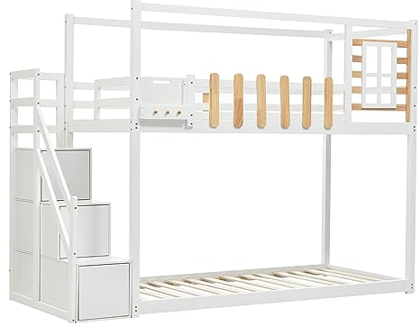 kubeier Etagenbett Hochbett 200x90cm Etagenbett für Kinder Stockbett mit Rausfallschutz und Lattenrost, Treppe, Fenster und Regalkasten, 3 Schließfächer in der Treppe, Weiß