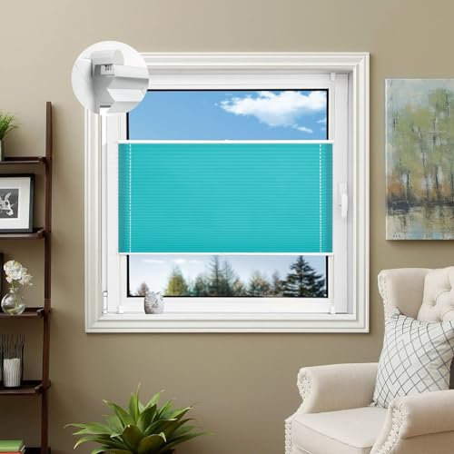 Faltrollo Klemmfix 100 x 220 cm Verdunklungsplissee Lichtundurchlässig Jalousien Zum Klemmen 2 Bedienschienen aus Aluminium für Wohnzimmer, Blau