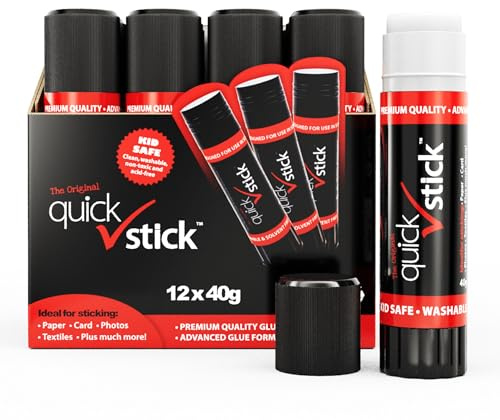 Quick Stick Glue Stick Pack of 12 x 40g Multipack Strong Hold Original Quality Adhesive Safe Glue Sticks for School & Children, Crafting Glue, Scrapbooking, Office, School supplies and Much More