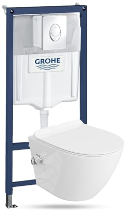 LAVITA Vorwandelement Solido Start + Wand Hänge WC Salto Weiß Spülrandlos ++ WC Sitz mit Absenkautomatik Verchromter Knopf Komplettset Unterputz Spülkasten Toilette Komplett Sett WC