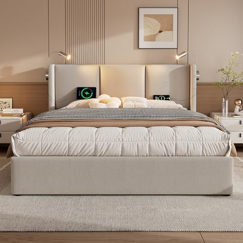 Lit Coffre 160x200 Avec Sommier, LED, USB et Tête de Lit - Espace de Rangement, Double à Lattes Pour 2 Personnes - Cadre Capitonné (Sans Matelas)