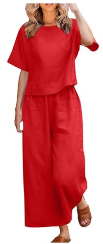 Zweiteiler Damen Leinenhose und Leinenbluse Sommer Outfits Damen Linen Set Hosenanzug Damen Elegant 2 Teiler Kurzarm Oberteil + Weite Bein Hose Trainingsanzug Freizeitanzug Loungewear