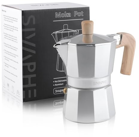 Sivaphe Stovetop Coffee Maker 150ml/3 Cups, Aluminium Moka Pot Italian Espresso Maker with Heat-Resistant Handle, Sliver