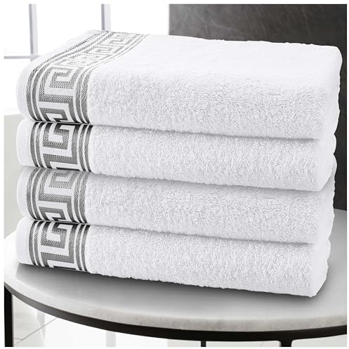 GC GAVENO CAVAILIA Greek Key Hand Towels Set of 4 – 500 GSM Super Fast Absorbent Lightweight Quick Dry Bathroom Towels, Soft 100% Egyptian Cotton Towel for Bathroom, Spa & Gym, 50x80 cm, White