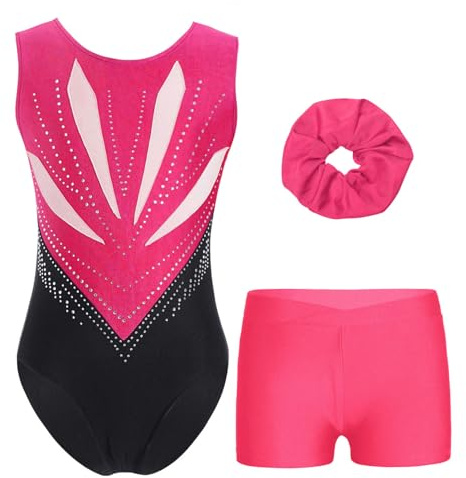 Oyolan 3 Pièces Ensemble de Gymnastique pour Fille Enfant A Rose vif 13-14 ans