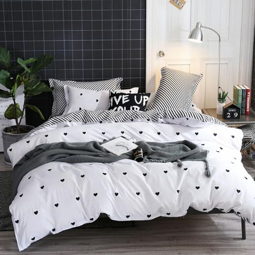 Freyamy Copripiumino 240 x 260 cm+2 federe 65 x 65 cm cuore stampato bianco nero set da letto matrimoniale per adulti motivo cuore set copripiumino in microfibra con cerniera