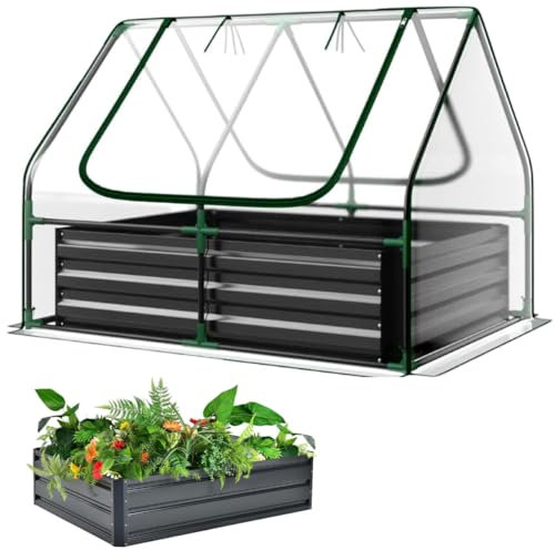Raised Garden Bed with Greenhouse - 125 x 95 x 92 cm Compact Small Greenhouse With Metal Garden Bed included, Steel Frame, Clear PVC Cover, Zipped Roll up Windows For Plants, Vegetables, Garden