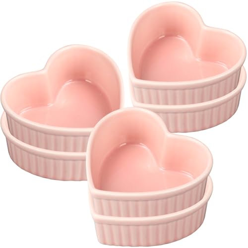 6 Pcs Heart Shaped Ramekins Ceramic Ramekins 6 Oz Oven Safe Creme Brulee Dishes Small Baking Ramekins Bowls for Kitchen Party Snack Serving Dip Sauce Condiments (Pink)