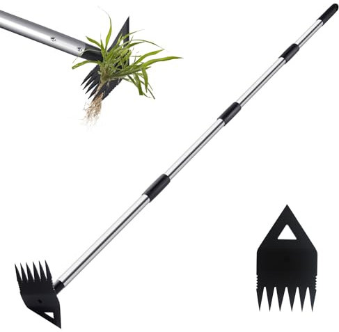 PIMEKOY Weed Puller Weed Remover Tool with Long Handle, Weeding Tool for Gardening, Garden Hoe Weeder Rake Combo for Uprooting