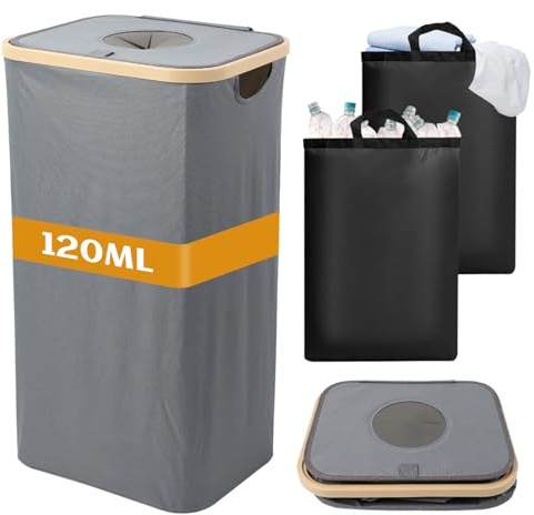 FYting Pfandflaschen SammelbehäLter,120 L SchmutzwäSchebehäLter XXL mit 2 Stück Herausnehmbarem, Wasserdichtem Innenbeutel, Faltbarer WäSchekorbsammler mit Deckel Für Kleidung, Spielzeug (Grau)