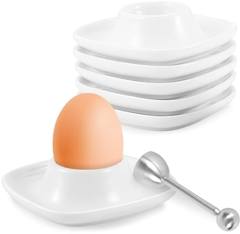 LEKEFETO 6 Stück Porzellan Eierbecher:Quadrat Porzellan EierStänder mit Edelstahl Eieröffner, Stapelbar Frühstück Eierhalter mit Abgerundeten Ecken und Ablage, Frühstückset, für Küche Esszimmer - Weiß