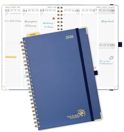 POPRUN Kalender 2026 Vertikal Spiral 25,5 x 20,5 cm, Hårt Omslag, Planner 2026 A4 med Plastlinjal, 100 GSM Tjockt Papper, Marinblå