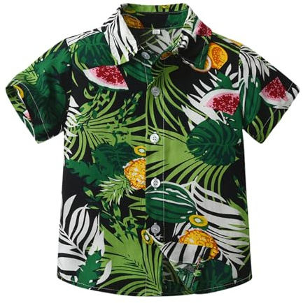 Mjjsk Camisas hawaianas con botones para niños, camisa de manga corta para niños, diseño de árbol de coco tropical, camisas divertidas, floral, playa, vacaciones, verano, A21, verde, 10-11 años